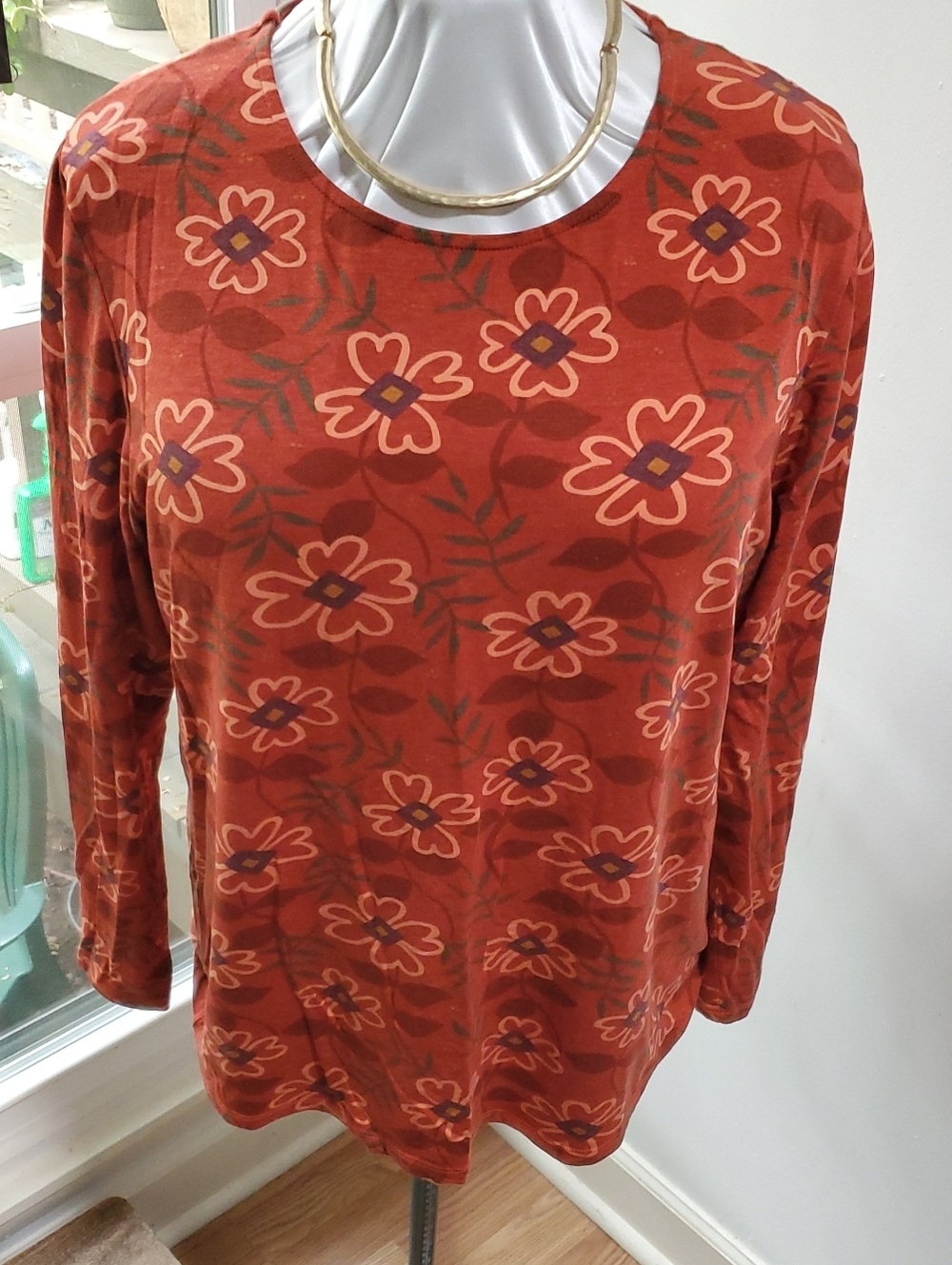 GUDRUN SJODEN Rust Floral Long-Sleeve Stretchy Top XL - Curated By Rua'h Kibriya